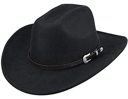 Klassischer schwarzer Westernhut aus Filz mit aufrollbarer Krempe, Cowboy- und Cowgirl-Hut für Damen und Herren, Dekoration mit Westerngürtel Bukle, Schwarzer Western-Schnallengürtel, 7/7 1/4