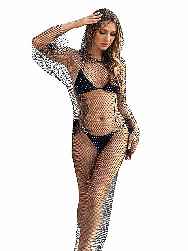 IYOU Brillante Cristal Malla Vestido Negro Faldas de Manga Larga Trajes de Baño de Rejilla Transparentes Rave Festival Bikini Accesorios para el cuerpo para Mujer