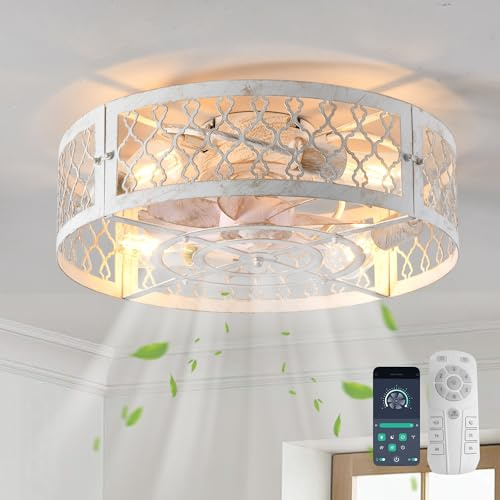 Ganeed Takfläktar med lampor Industriell stil bondgård takfläkt 50cm metall bur belysning E27 infälld montering med fjärrkontroll vit 4 lampor | Bondgård Takfläkt 50 cm metallbur E27 infälld montering med APP-fjärrkontroll för matsal vardagsrum