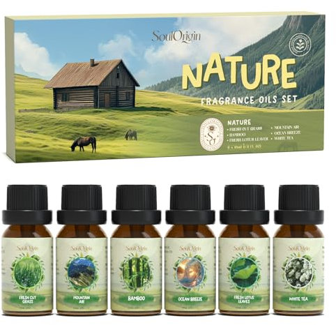 SoulOrigin Natural Essential Oils Set, Fragrance Oil Set for Home Oil Diffusers, Scented Oils for Soap Candle Making 6x10ml - Fresh Cut Grass, Mountain Air, Bamboo, Ocean Breeze, Fresh Lotus Leaves