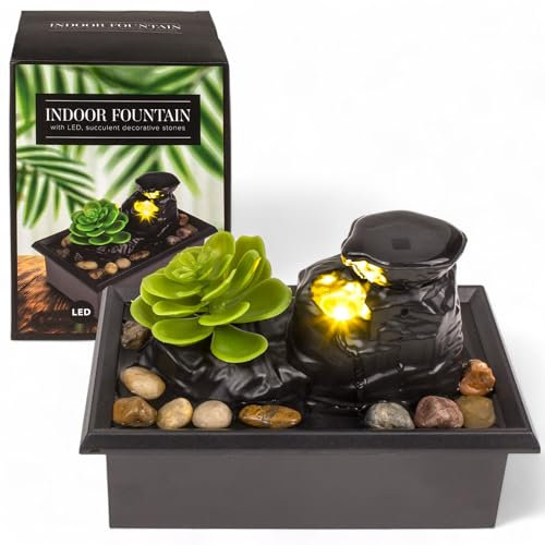 MIJOMA Fontaine d'intérieur avec éclairage LED, plantes grasses artificielles et pierres décoratives - Fontaine de table à piles pour une atmosphère relaxante - 17,5 x 11 x 11,5 cm