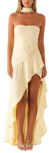 Robe midi à volants avec écharpe Y2K en maille asymétrique dos nu pour femme, jaune, M