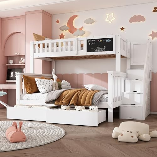 Moimhear Letto a castello per bambini, letto matrimoniale, con pannello e cassetti, senza materasso, 90 x 200 + 140 x 200 cm (bianco)