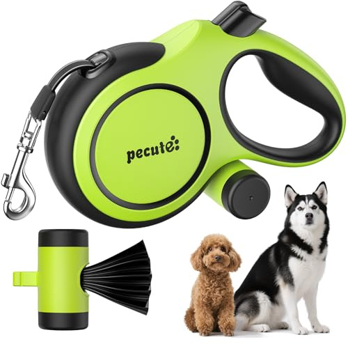 Pecute Laisse Chien Enrouleur 8m Rétractable, pour Chien de 15 à 50kg, Kit Sacs à Déjections Canines Inclus (15 Sacs), Anti-Enchevêtrement 360°, Blocage Facile, Poignée Ergonomique, Vert