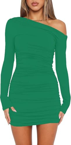 Wenrine - Abito da Donna Sexy, Senza Spalline, a Maniche Lunghe, Mini Abito da Festa, con Volant, Bodycon, da invitata a Matrimonio, Abito da Cocktail, Verde, S