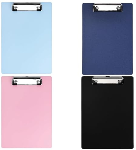 A5 Clipboard, 4-Pack Clipboards with Hooks, Mini Clipboard Folder for Office, School, Hospital, Lightweight Plastic Writing Board, A5 Size (Dark Blue, Black, Ice Blue, Pink)