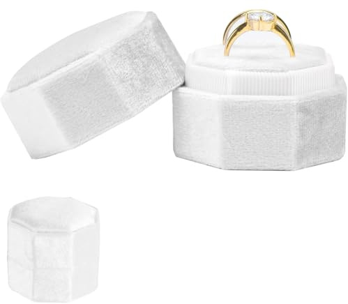 ZHAOYCSH Caja de Anillos de Matrimonio Hexagonal en Terciopelo de Espiga con Tapa Desmontable, 2 Ranuras para Anillos de Compromiso y Boda para Propuesta, Ceremonia, San Valentín, Blanco