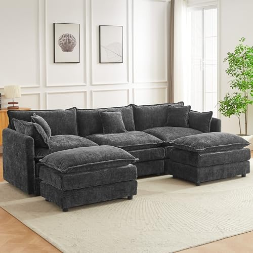 JIEXI Modular Corner Sofa Sectional, Oversized Deep Seat Fabric Couch with Moveable Ottoman, Reversible L-Shape/U-Shape Configurations, Modern Living Room Sofa Set (Grey 285CM - U-shaped)