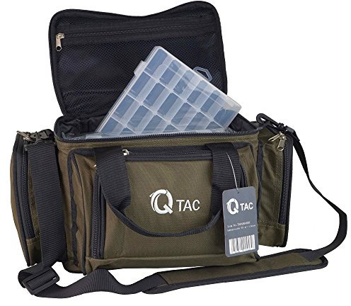 Q-Tac XC1 Angeltasche Robust u. Praktisch, Karpfentasche groß mit Vier Kunststoff-Boxen, Anglertasche für Zubehör, Grün/Schwarz