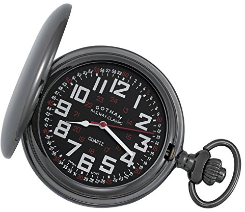 Gotham Men's Gunmetal Railroad Polished Finish Covered Quartz Pocket Watch # GWC15044BBK