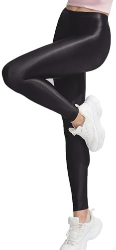 Aislor Damen Glänzende Strumpfhosen Nylon Leggings High Waist Yoga Sport Tanz Hose Slim Fit Pants Sporthosen Lange Hose Schwarz L