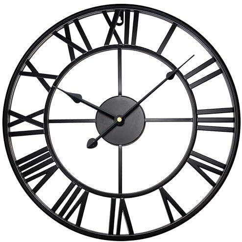 Large Wall Clocks for Living Room ,Metal Wall Clock for Garden, Silent Non-Ticking Roman Numerals Wall Clock for Indoor & Outdoor, Vintage Look Clock for Bedroom, and Kitchen (Black, 40 CM (16))