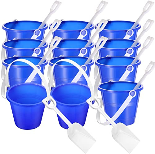 Didaey 12 Pack 4 Inch Beach Buckets and Shovels for Kids Sand Pails Plastic Sand Buckets Bulk Small Toy Pails at the Beach, Use for Toddlers Little Guys(Blue)