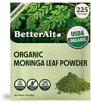 Better Alt Organic Moringa Powder, USDA Certified - Moringa Leaf Powder,Perfect for Smoothie,Tea, Drinks & Recipes, Green Superfood, Incept Moringa Olifera Powder- 225 Servings 2 lb