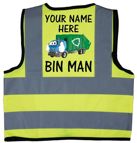 Acce Products Personalised Bin Man Baby Children Kids Hi Vis Safety Jacket Vest Sizes 2-3 Years Yellow Optional Text On Front