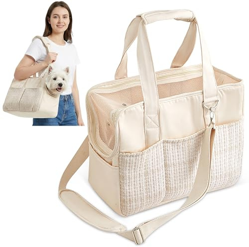 ALLSOPETS Borsa per Cane Taglia Piccola e Gatto, Borsa Porta Cane Pieghevole con Tasche, Guinzaglio di Sicurezza e Stuoia Rimovibile, Ideale per Viaggi e Uscite (Beige Elegante)