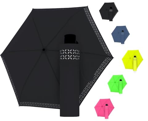 Doppler Regenschirm Safety Reflect in black I Regenschirm mit reflektierendem Rand & Handöffner I Mini Schirm mit passender Schirmtasche I Leichter Taschenschirm für Unterwegs