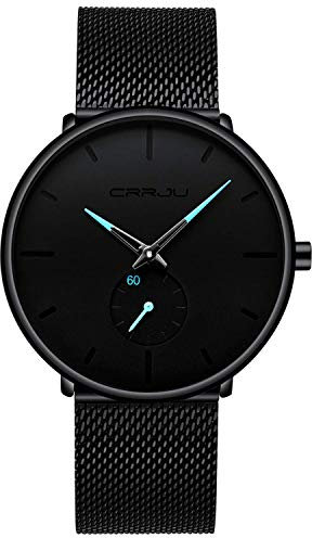 CRRJU Analog Quarzuhr für Herren Uhren Ultra mit Schwarzes Edelstahl-Mesh-Gliederarmband