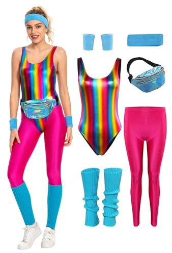 YANVS Costume de fitness des années 80 pour femme, ensemble de 6 pièces, combinaison colorée, vêtements d'aérobic, vêtements de yoga et de sport, rose, L