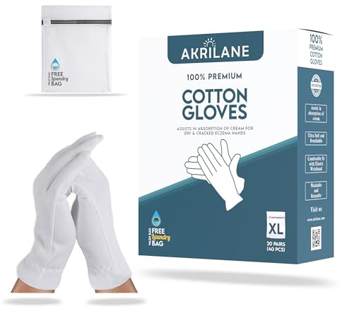 AKRILANE 20 pares de guantes hidratantes de algodón extra grandes para manos secas, tratamiento de spa para eccema, psoriasis y piel para mujeres y hombres, lavables y reutilizables con bolsa de