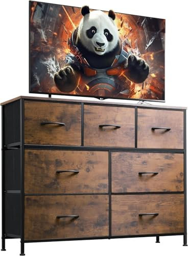 WLIVE Chest of Drawers, 7 Fabric Drawers Cabinet with Easy Pull Handle, Wood Top and Sturdy Steel Frame for Bedroom, Living Room, Rustic Brown