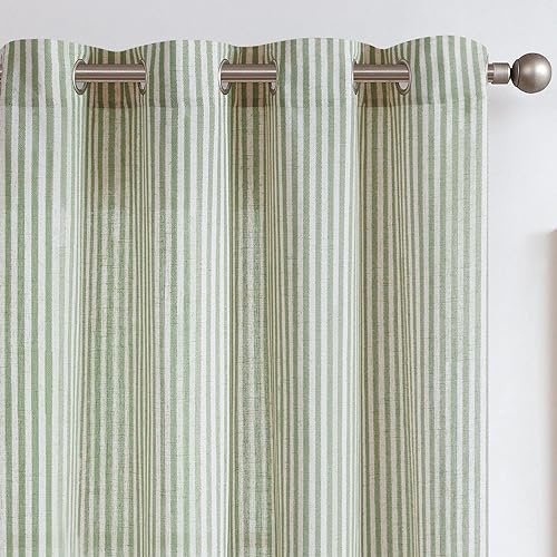 TOPICK Linen Curtains for Living Room 96 inches Long Sage Green Striped Curtains for Bedroom Light Filtering Eyelet Curtain Country Window Decoration 2 Panels