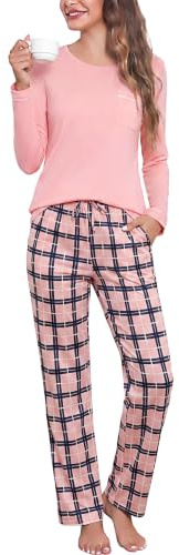 Irdcomps Womens Pyjamas Sets Cotton Long Sleeve Ladies Pjs Loungewear | Pyjamas for Women Loungewear Soft 2 Pieces Sleepwear Nightwear Top and Plaid Bottom with Pocket