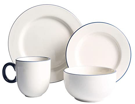 Juego de vajilla de cerámica, juego de vajilla de cocina de 24 piezas, platos, tazones, servicio para 6, juego de platos redondos de porcelana en relieve, juego combinado de vajilla con raya azul