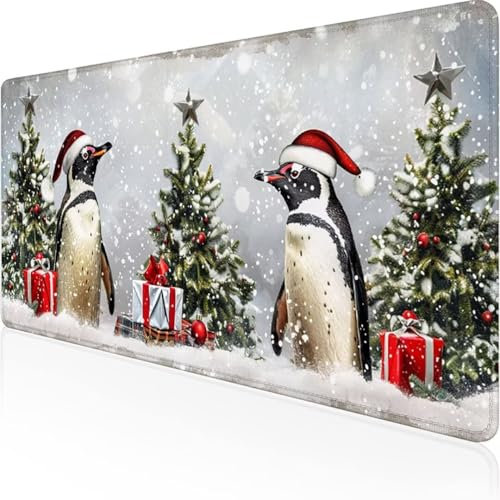 Mouse Pad Large, 1200 x 600 x 3mm Mice Pad with Non-Slip Rubber Base, Mouse Mats for Comters Durable Stitched Edges, Neoprene Smooth Surface for Laser and Optical Mouse Mat, Christmas Penguin