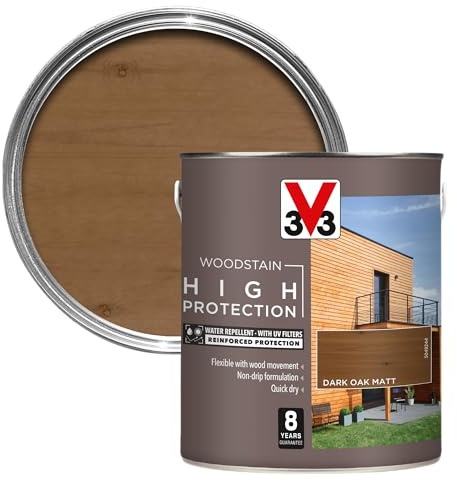 V33 High Protection Woodstain - 8-Year Guarantee - UV Filters - Water-Repellent - Quick-Drying - Only 2 Coats - Dark Oak Matt 2.5 litres
