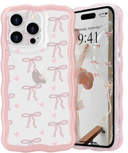 L-FADNUT Bow Case for iPhone 14 Pro Max, Curly Wavy Frame Cute Girly Bow Ribbon Pretty Phone Case, Soft Wave Clear Slim Silicone Shockproof Anti-scratch Cover for Women Girl, Small Heart
