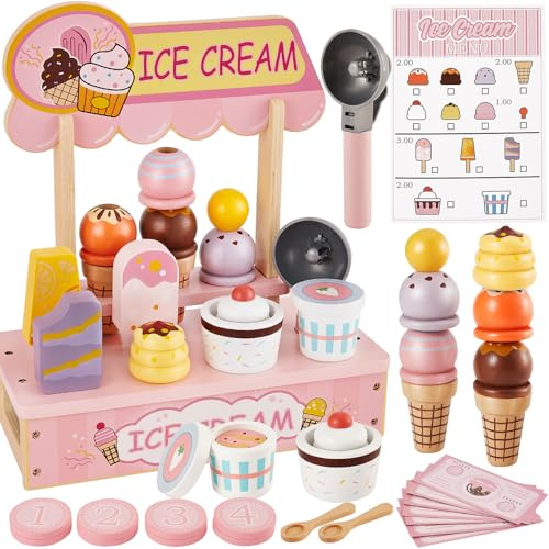 HERSITY Wooden Ice Cream Counter Shop Pretend Play Food Set, Ice Cream Cones Stand Popsicle Toy Kids Kitchen Accessories Imaginative Toys Gifts for 3+ 4 5 6 Year Old Girls Boys Toddler, Pink