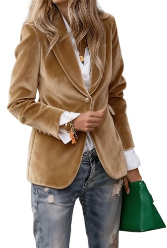 Blazer da donna in velluto, giacca casual da lavoro, ufficio, a maniche lunghe, con bottoni, completamente foderata, cachi, S