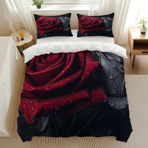 ERVGORN Red Rose Duo Bedding Comforter Sets Bedding Set 3 Pieces (1 Duvet Cover 2 Pillowcases) with Zipper Closure Lightweight