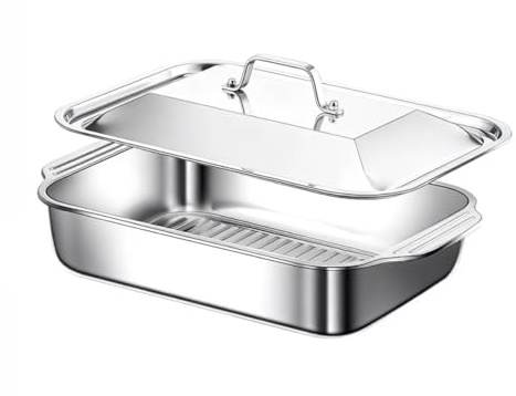 VNLCPX Bandeja de Horno Acero Inoxidable, Rustidera con Tapa y Asa, Antiadherente gas e Inducción, 41 x 25 x 7.5 cm, Plateado