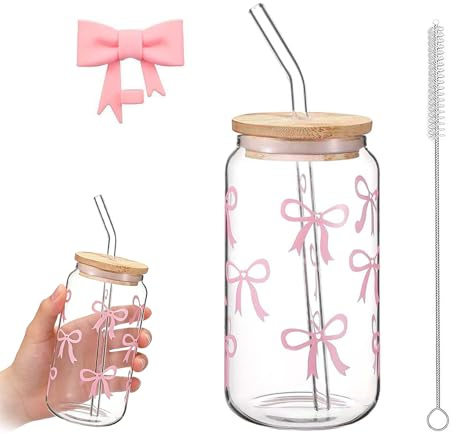 VIQIHEOE Bicchiere in vetro, 500ml Bicchieri ad arco con coperchio e cannuccia, Bicchiere con fiocco, Bicchieri per long drink, Bicchieri ad arco con spazzola di pulizia, per caffè, smoothie, matcha