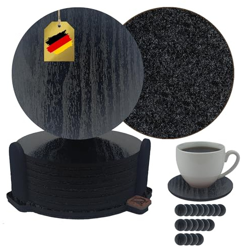 AlemsDesign dubbelsidiga glasunderlägg i trä och filt, set om 8 med hållare, rund 10 cm, svart trälook, mörkgrå filt — 2-i-1-glasunderlägg, set med underlägg för drycker