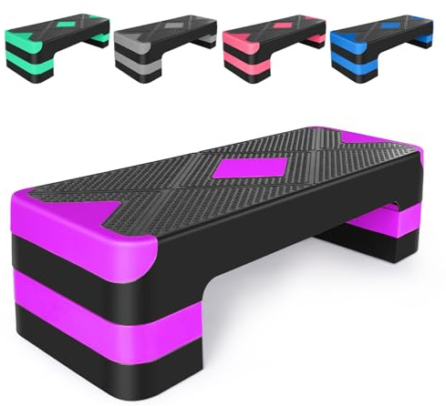 Step - Tabla de escalones aeróbicos, altura ajustable para entrenamiento, 68,5 cm/27 pulgadas, altura regulable de 10 cm, 15 cm, 20 cm, color morado