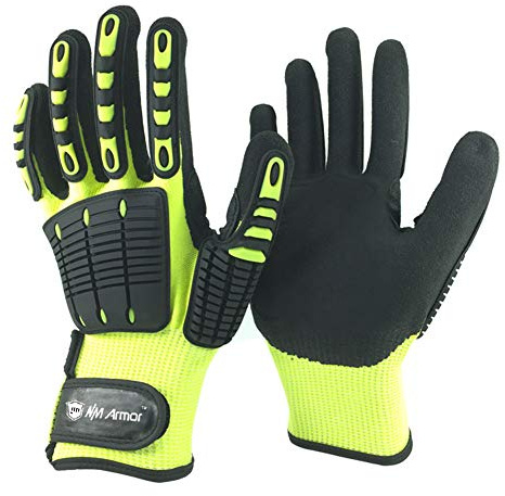 NMSafety Anti Vibration Oil-proof Cut Resistant Safety Work Glove,Full finger,Yellow Nylon+HPPE+Glassfirbe Seamless Knitted Liner With Sandy Nitrile Rubber Palm,Excellent Grip. (Large)