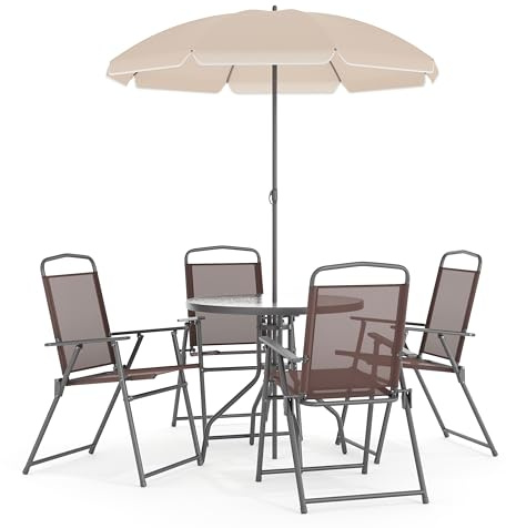 Flash Furniture Nantucket 6-Piece Patio Dining Set with Glass Table, 4 Folding Chairs, and Umbrella, Outdoor Patio Set, Brown