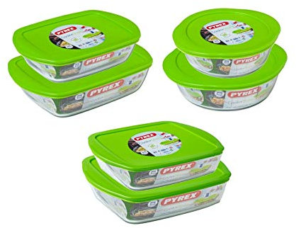 Pyrex 12-Piece Cook & Store Glass Dishes Set With Lids - 1.0L/1.1L/2.2L/2.3L/2.5L High Resistance Glass Casserole, Oven-Safe Rectangular, Round, Square Baking & Cooking Dishes