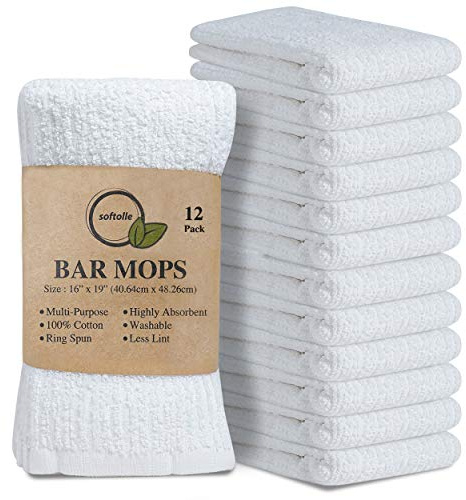 Softolle Towels Kitchen Bar Mops Towels, Pack of 12 Towels - 16 x 19 Inches, 100% Cotton Super Absorbent White Bar Towels, Multi-Purpose Cleaning Towels for Home and Kitchen Bars