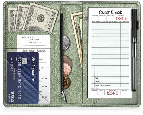 Fintie Server Book Organizer with Zipper Pocket, PU Leather Restaurant Guest Check Presenters Card Holder for Waitress, Waiter, Bartender (Sage Green)