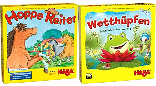 Haba 4321 - Hoppe Reiter Pferdestarkes Wettlaufspiel, für 2-4 Spieler von 3-12 Jahren & 305272 - Wetthüpfen, Würfelspiel für Kinder von 3 bis 7 Jahren mit unterschiedlichen Spielvarianten