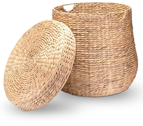 Decorasian Panier à linge tressé avec couvercle – Grand et rond – Grand panier en jacinthe d'eau avec anse – Panier à linge en rotin avec poignée – Rangement – 58 cm DA-B0050 Naturel