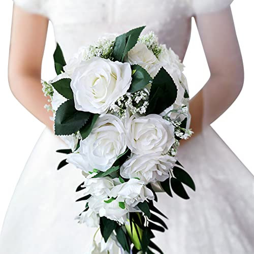 Romantische Hochzeits Rosenblumen Handstrauß,Brautstrauss Gefälschte Rose Braut Bouquet Blume Künstliche Blumenstrauß Braut Brautjungfern Blumensträusse Blume Dekoration für Hochzeit,Weiß #2