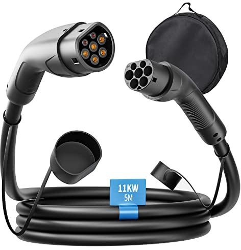 Rosaking Cable Carga Coche Electrico Tipo 2 11kW,5M EV Cable Carga Coche con 3 Fases＆IEC 62196,32A Cargador Coche Electrico para la Mayoría de los Vehículos Híbridos y Eléctricos E