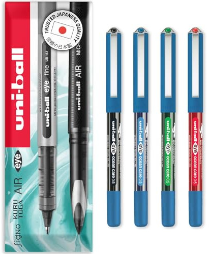 uni-ball Eye Ocean Care UB-150ROP kulspetspennor – mikro 0,5 mm spets – skriva, rita och rita – bleknings- och vattenbeständiga – paket med 4 – svart, blå, grön och röd – i kuvert presentförpackning