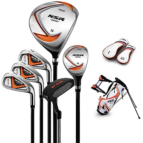 PGM Golf Club Set - 9 Pieces Junior Complete Golf Club Set for Kids Children - Right Handed - Driver(#1), Hybrid, Iron(#7,#9,#S), Putter, Golf Stand Bag