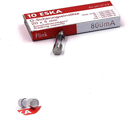 Snabbsäkring (F) i glas 800 mA/250 VAC 5 x 20 mm (10 säkringar)
